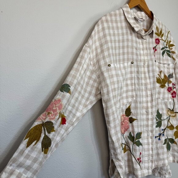 Johnny Was Workshop Adele Gingham Women's Overshirt Linen Embroidered Size Small - Picture 8 of 15